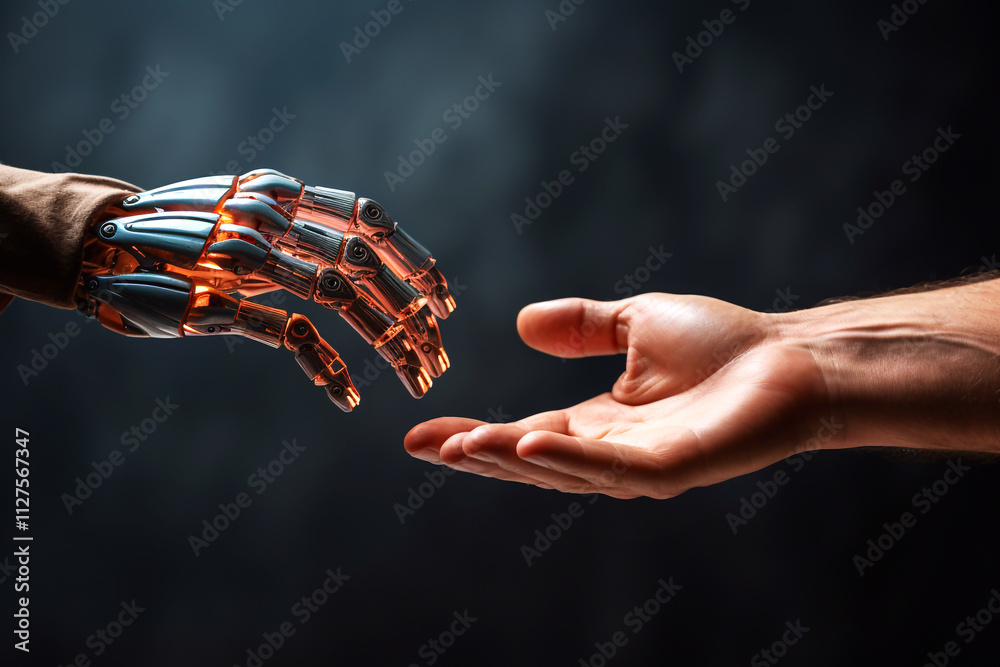 A robotic hand reaching out to connect with a human hand, symbolizing the merging of technology and humanity. The image captures the essence of innovation, collaboration. Hr concept