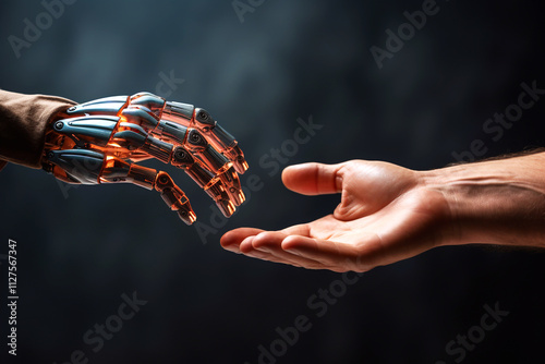 Obraz na płótnie A robotic hand reaching out to connect with a human hand, symbolizing the merging of technology and humanity. The image captures the essence of innovation, collaboration. Hr concept w salonie