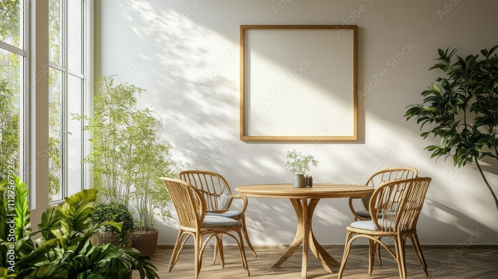 Bright dining room with an empty frame on the wall Bright dining room with an empty frame on the wall