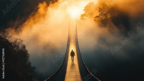 Mensch auf einer Hängebrücke im Nebel