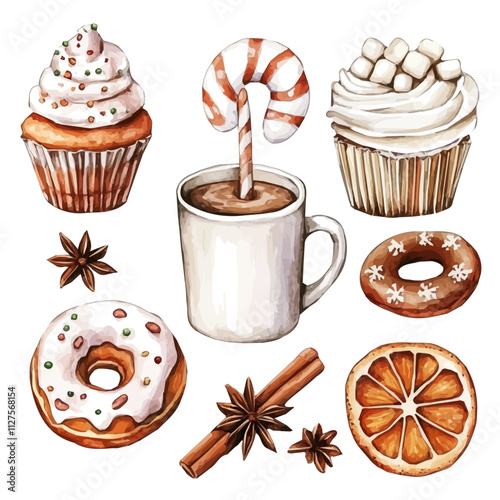 Watercolor Christmas food elements. Cupcake, donut, a mug of cocoa with marshmallows, ginger cookie, dried orange, star anise, and lollipop, collection isolated on white, illustration painting, vector