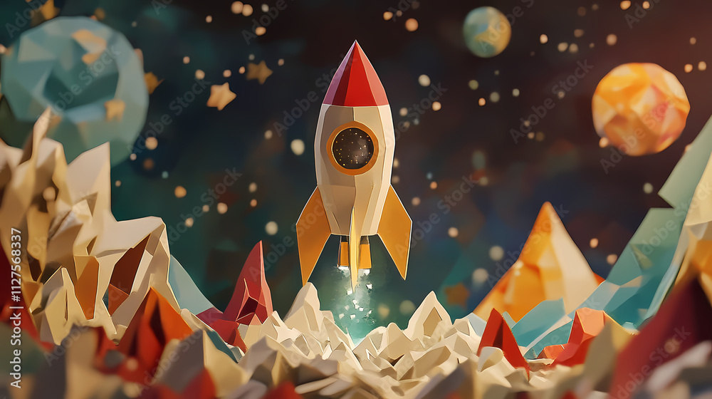 Papercraft rocket journeying through the cosmic frontier of the universe. Celestia. Illustration