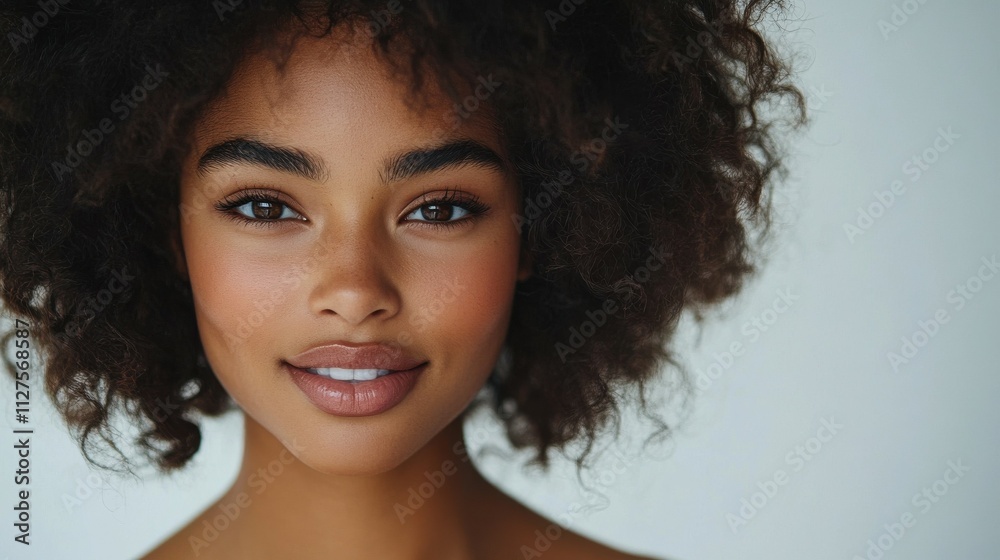 Close up studio shot of beautiful young mixed race woman model with curly dark hair looking at camera with charming cute smile while posing against white blank copy space wall for your content Close up studio shot of beautiful young mixed race woman model with curly dark hair looking at camera with charming cute smile while posing against white blank copy space wall for your content