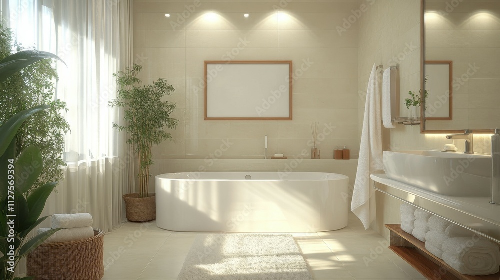 Cozy bathroom with an empty frame above the sink Cozy bathroom with an empty frame above the sink