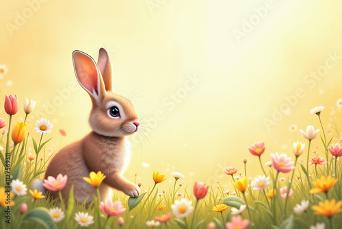 A curious brown rabbit sits amidst a vibrant field of tulips and daisies, with butterflies fluttering around, evoking the spirit of Easter.