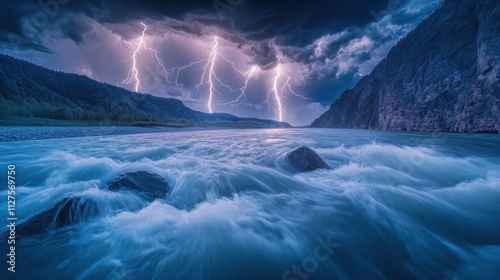 Lightning bolts illuminating a river swollen from rain, rushing under stormy skies toward rocky banks.