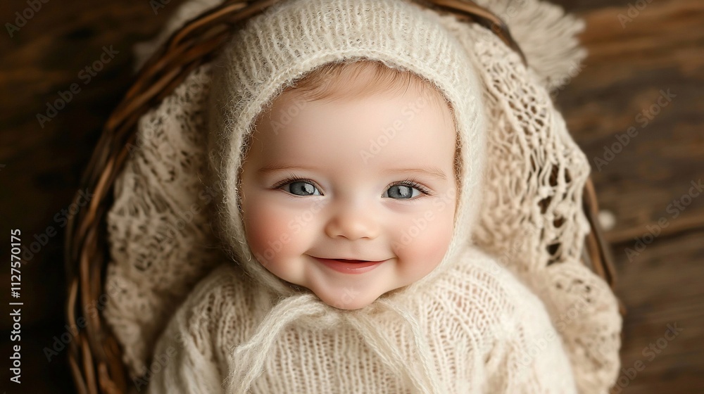 Happy baby girl in cream knitted outfit, wicker basket. Happy baby girl in cream knitted outfit, wicker basket.