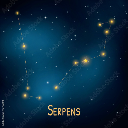 Serpens constellation in night sky with twinkling stars and deep blue background.