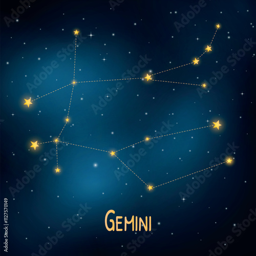 Gemini constellation: starry night sky with zodiac sign.