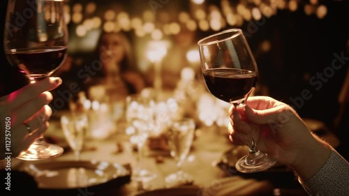 People Toasting Red Wine Glasses At Elegant Dinner Party Social Celebration Gathering Joy