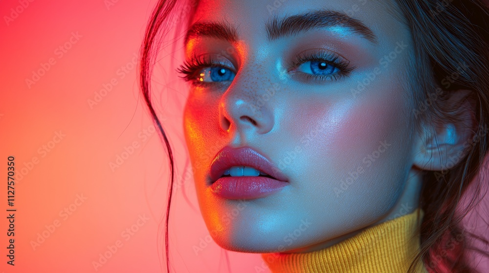 Portrait of a woman with vibrant lighting on pink background Portrait of a woman with vibrant lighting on pink background