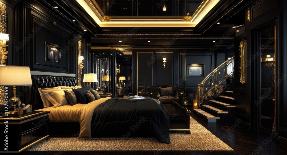 Elegant Bedroom Design: Chic Dark Interior with Spacious Layout and Modern Black Accents Elegant Bedroom Design: Chic Dark Interior with Spacious Layout and Modern Black Accents