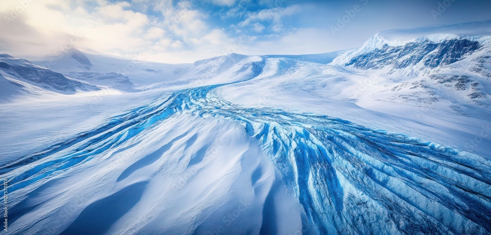 Massive glacier extending across a snowy landscape, blue cracks and crevasses creating dramatic detail from above. Massive glacier extending across a snowy landscape, blue cracks and crevasses creating dramatic detail from above.