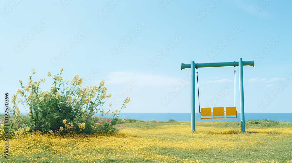 Serene summer scene with yellow flowers, tree, green swing, and ocean on a calm, cloudless day. Serene summer scene with yellow flowers, tree, green swing, and ocean on a calm, cloudless day.
