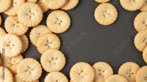 Salted baked round crackers arranged in a full frame background, saltiness