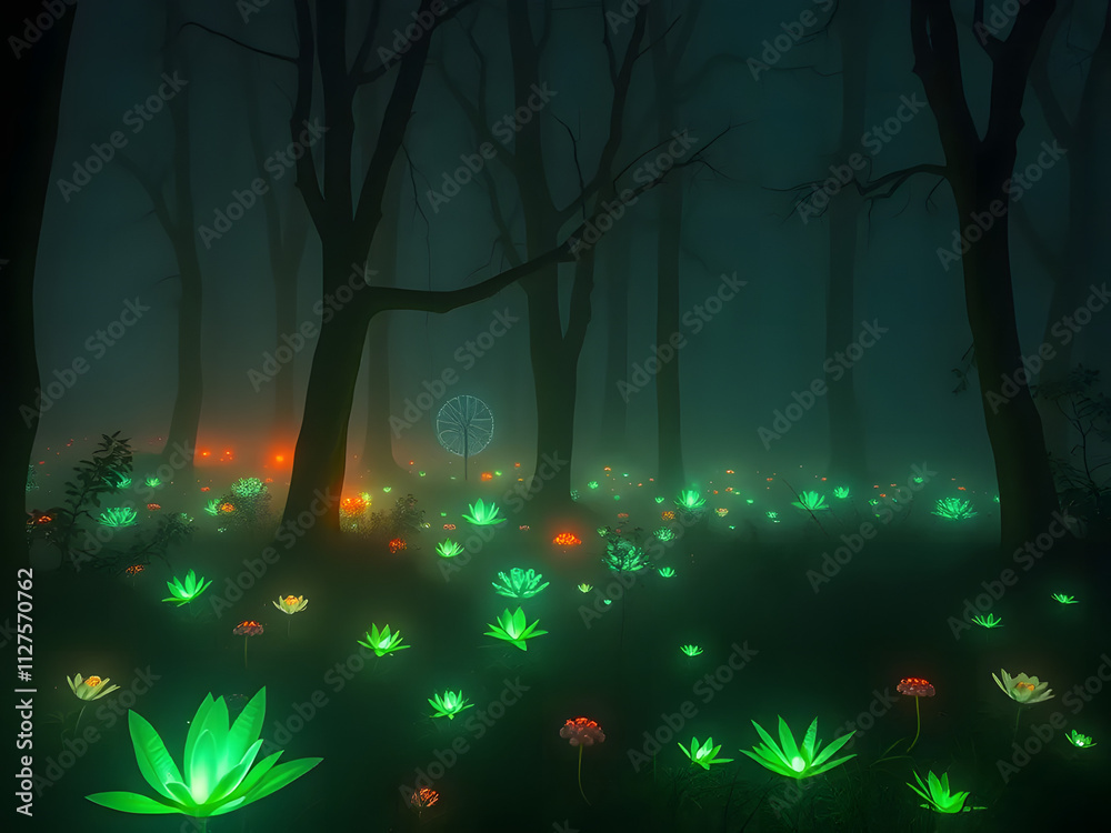 Dreamlike glowing forest with bioluminescent plants and a misty atmosphere