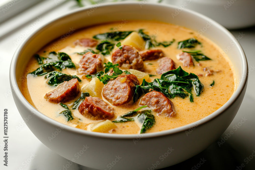 Flavorful spinach and sausage soup in a bowl Flavorful spinach and sausage soup in a bowl