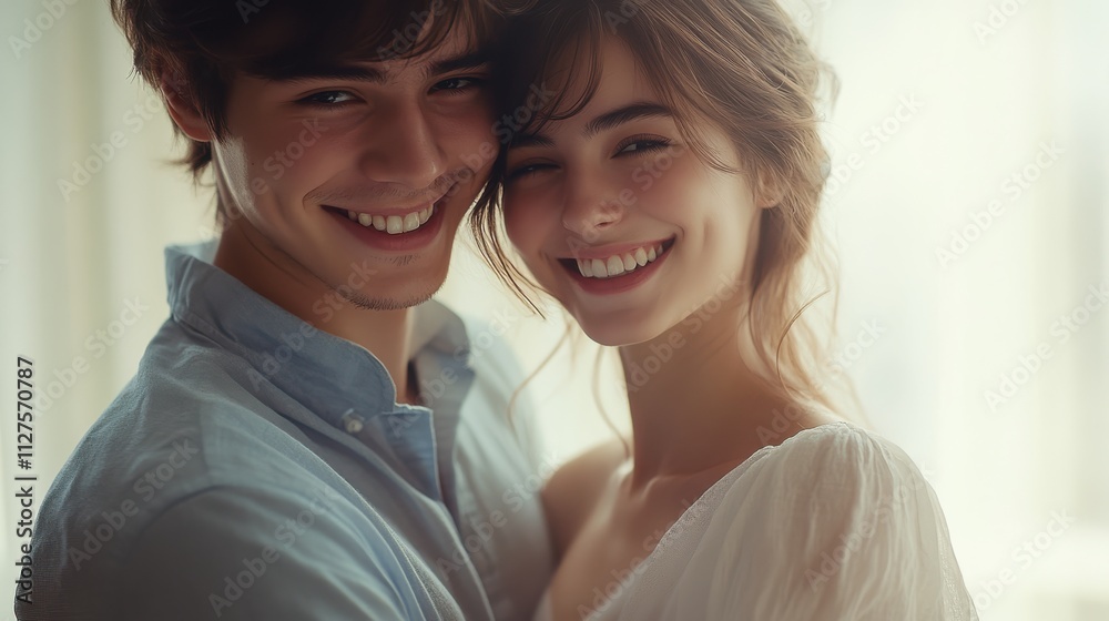 A cinematic portrait of a young couple smiling warmly, standing together in a softly lit room, with sheer curtains in the background and natural daylight softly diffused A cinematic portrait of a young couple smiling warmly, standing together in a softly lit room, with sheer curtains in the background and natural daylight softly diffused