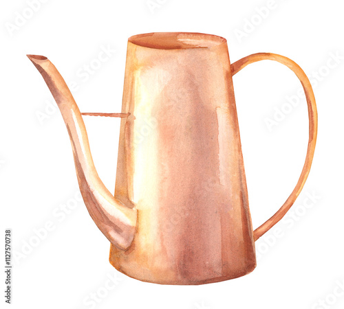 Watercolor illustration of copper watering can for indoor flowers isolated on a white background. Metal vintage jug