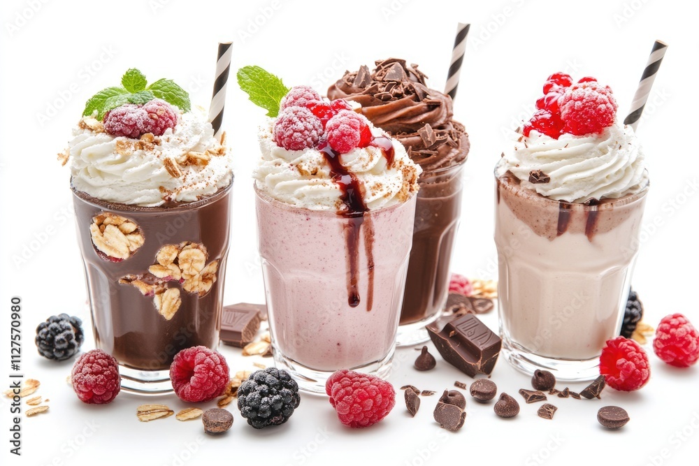 Indulgent Berry Milkshake Delight with Chocolate Cream on a Bright Background Indulgent Berry Milkshake Delight with Chocolate Cream on a Bright Background