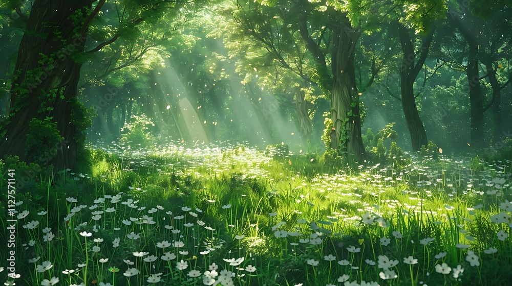 A patch of ground covered in lush ferns and soft moss, with small flowers dotting the scene A patch of ground covered in lush ferns and soft moss, with small flowers dotting the scene