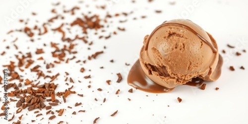 Chocolate ice cream scoop on a white background with chocolate shavings, cold