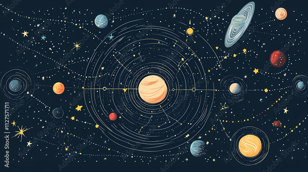 Obraz premium Celestial zodiac sticker design with planetary orbits for shirt or apparel. Celestia. Illustration