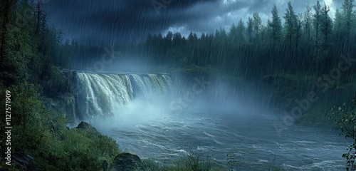 Raging river cascades through a forest under a dark sky, mist rising as rain drenches the scene.