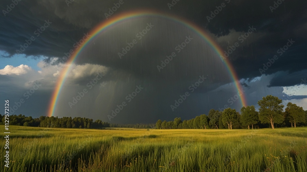 A vibrant rainbow forming over a rain-drenched meadow A vibrant rainbow forming over a rain-drenched meadow