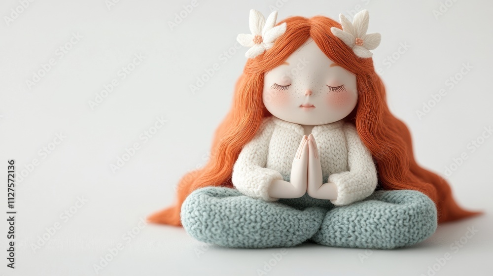 Whimsical handmade doll meditating with flowers in serene pose Whimsical handmade doll meditating with flowers in serene pose