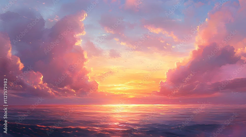 Fototapeta premium Sunset over an ocean with gold and pink clouds