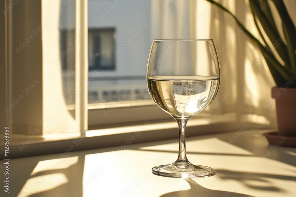 Sunlit Empty Glass Casting Shadows on a Bright Desk by the Window Sunlit Empty Glass Casting Shadows on a Bright Desk by the Window