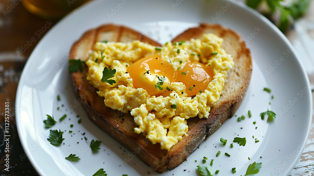 Toast with scrambled egg in white plate Toast with scrambled egg in white plate