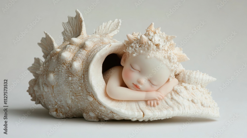 Whimsical sculpture of a sleeping child nestled in a seashell Whimsical sculpture of a sleeping child nestled in a seashell
