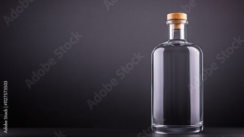 Elegant glass bottle with a wooden cork against a dark background, perfect for showcasing beverages.