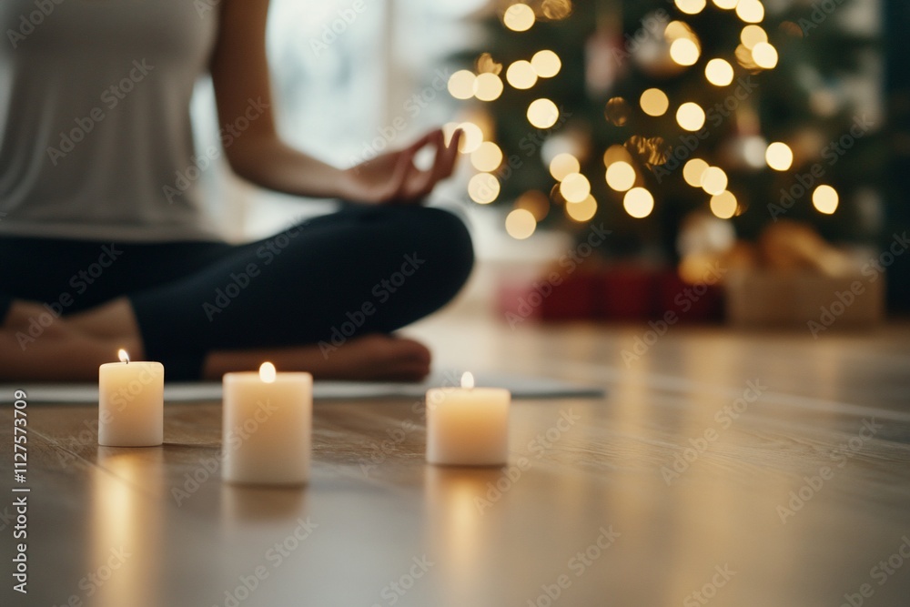 A serene yoga scene with candles and a Christmas tree in the background.