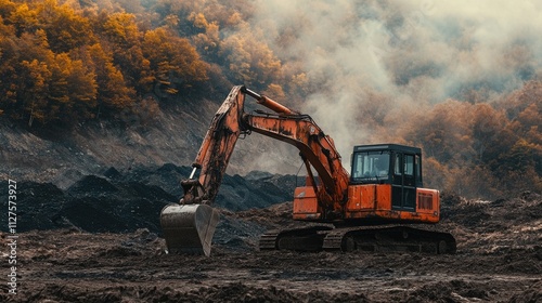 Excavator at Work in Jigokudani: Autumn View Surrounded by Sulfur Emissions from Hokkaido's Volcanic Landscape photo