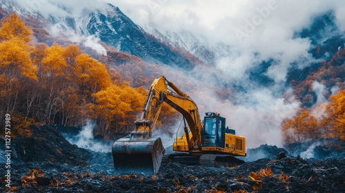 Wallpaper Mural Excavator in the Autumn Landscape of Jigokudani: A Scenic View of Hokkaido's Volcanic Activity Torontodigital.ca