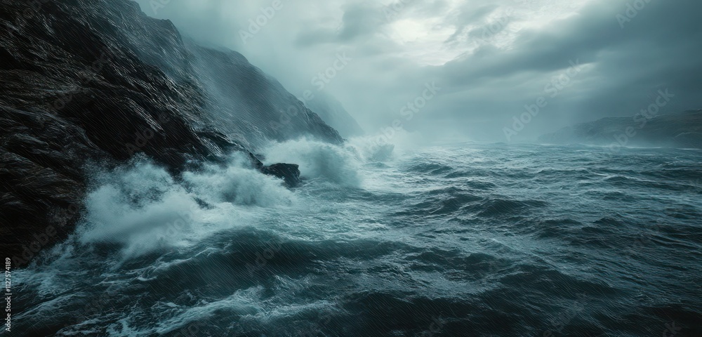 Rough sea crashing against a rocky coast, with rain and fog adding to the dark, wild atmosphere. Rough sea crashing against a rocky coast, with rain and fog adding to the dark, wild atmosphere.