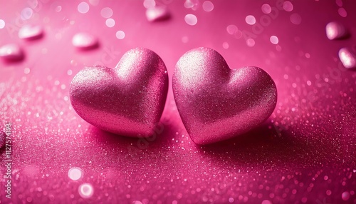 Two hearts on shiny pink background, parallax
