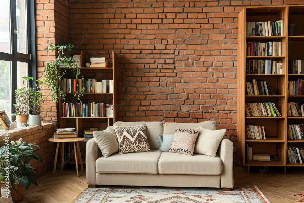 Cozy sofa, shelving unit and chest of drawers in interior of living room Cozy sofa, shelving unit and chest of drawers in interior of living room