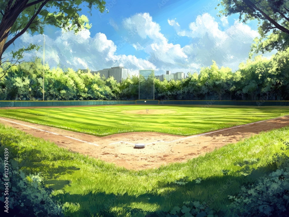 Dynamic Sports Field Illustration: Vibrant Green Canvas for Baseball and Softball Matches in Full Spring Glory Dynamic Sports Field Illustration: Vibrant Green Canvas for Baseball and Softball Matches in Full Spring Glory