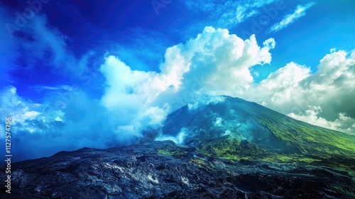 Majestic Arenal: Typical Dormant Volcano Under a Blue Sky Surrounded by Lush Greenery and Colourful Clouds