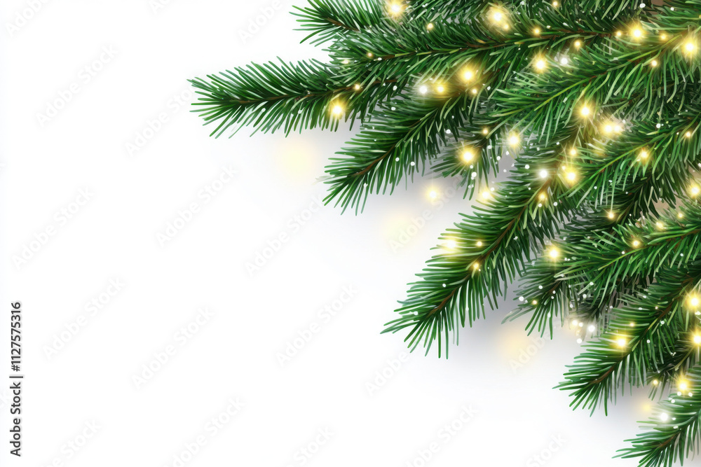 Christmas tree decoration. Holiday fir tree garland, festive Christmas corner. Winter season frame, realistic spruce branch with glowing Christmas lights. Transparent background in vector file. Christmas tree decoration. Holiday fir tree garland, festive Christmas corner. Winter season frame, realistic spruce branch with glowing Christmas lights. Transparent background in vector file.