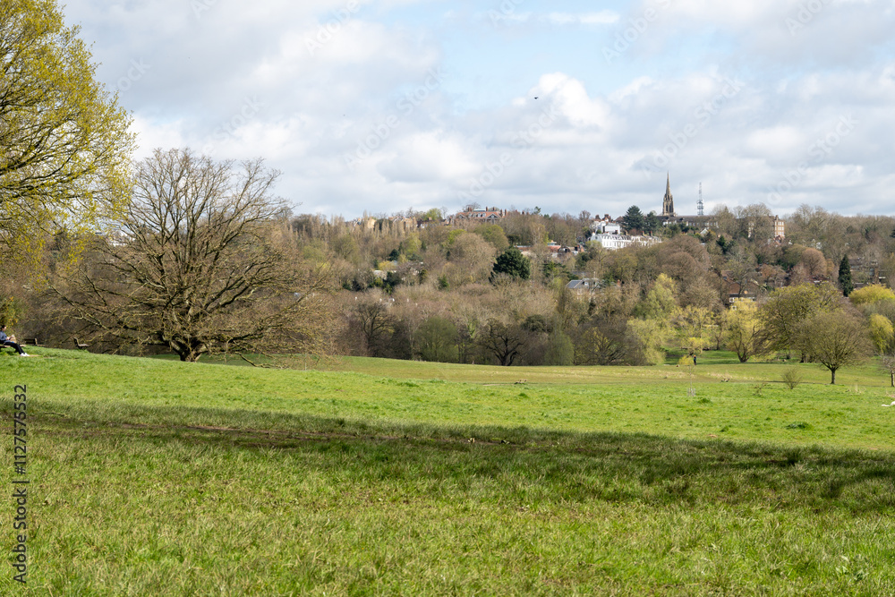 Walking on Parliament hill and urban park Hampstead Heath with old oak frees, hills and view points, North London, UK Walking on Parliament hill and urban park Hampstead Heath with old oak frees, hills and view points, North London, UK