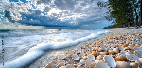 Shell-covered beach with gentle waves under an expansive cloudy sky, framed by tall coastal trees. photo