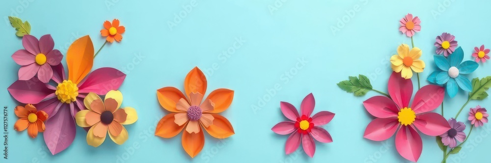 Vibrant handmade paper flowers in various colors contrasting with light blue backdrop with blank space in the middle, bright Vibrant handmade paper flowers in various colors contrasting with light blue backdrop with blank space in the middle, bright