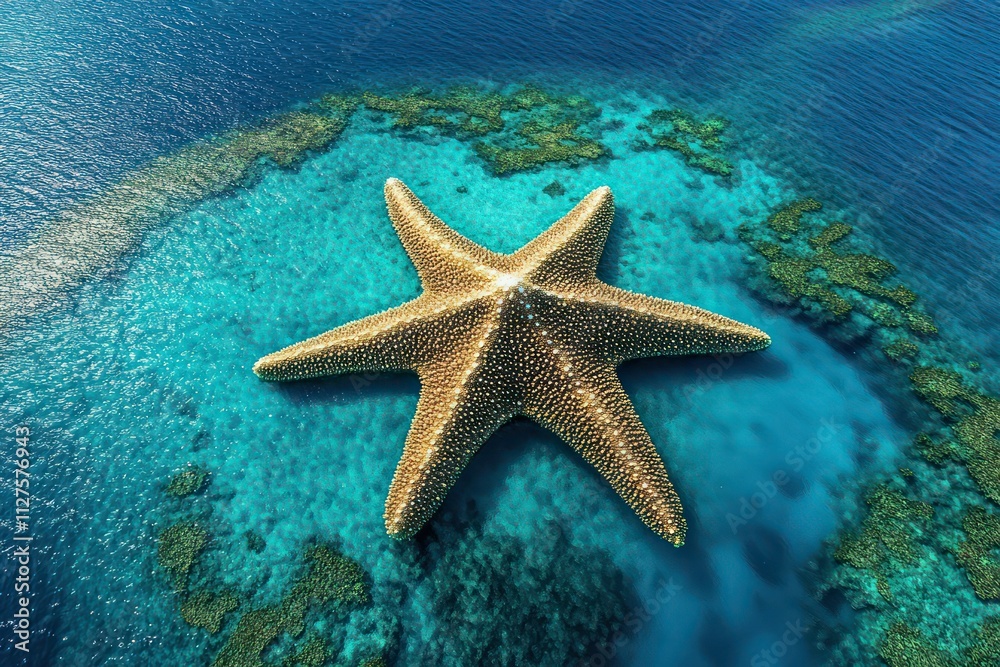 Starfish-shaped island with sparkling blue waters and coral reefs visible from above, creating a beautiful contrast. Starfish-shaped island with sparkling blue waters and coral reefs visible from above, creating a beautiful contrast.