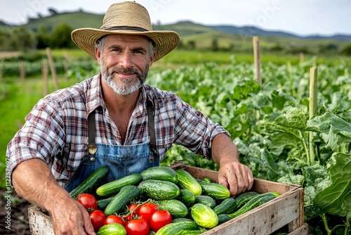 Farmer holding crate of fresh vegetables in cultivated field