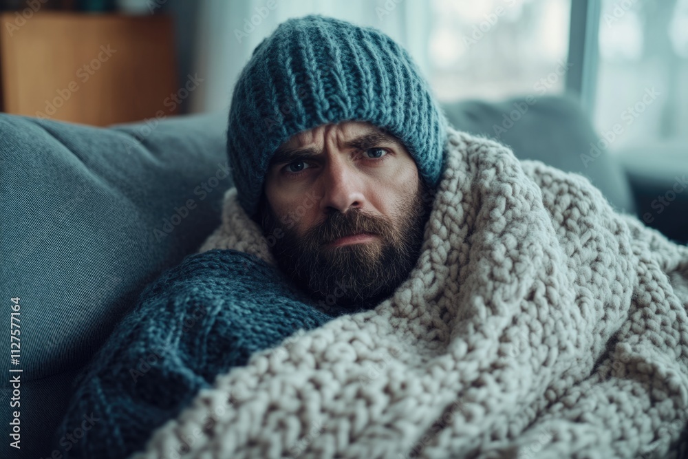 Cozy Comfort: Adult Male with Influenza Relaxing on Sofa, Wrapped in Warm Knitted Attire at Home Cozy Comfort: Adult Male with Influenza Relaxing on Sofa, Wrapped in Warm Knitted Attire at Home